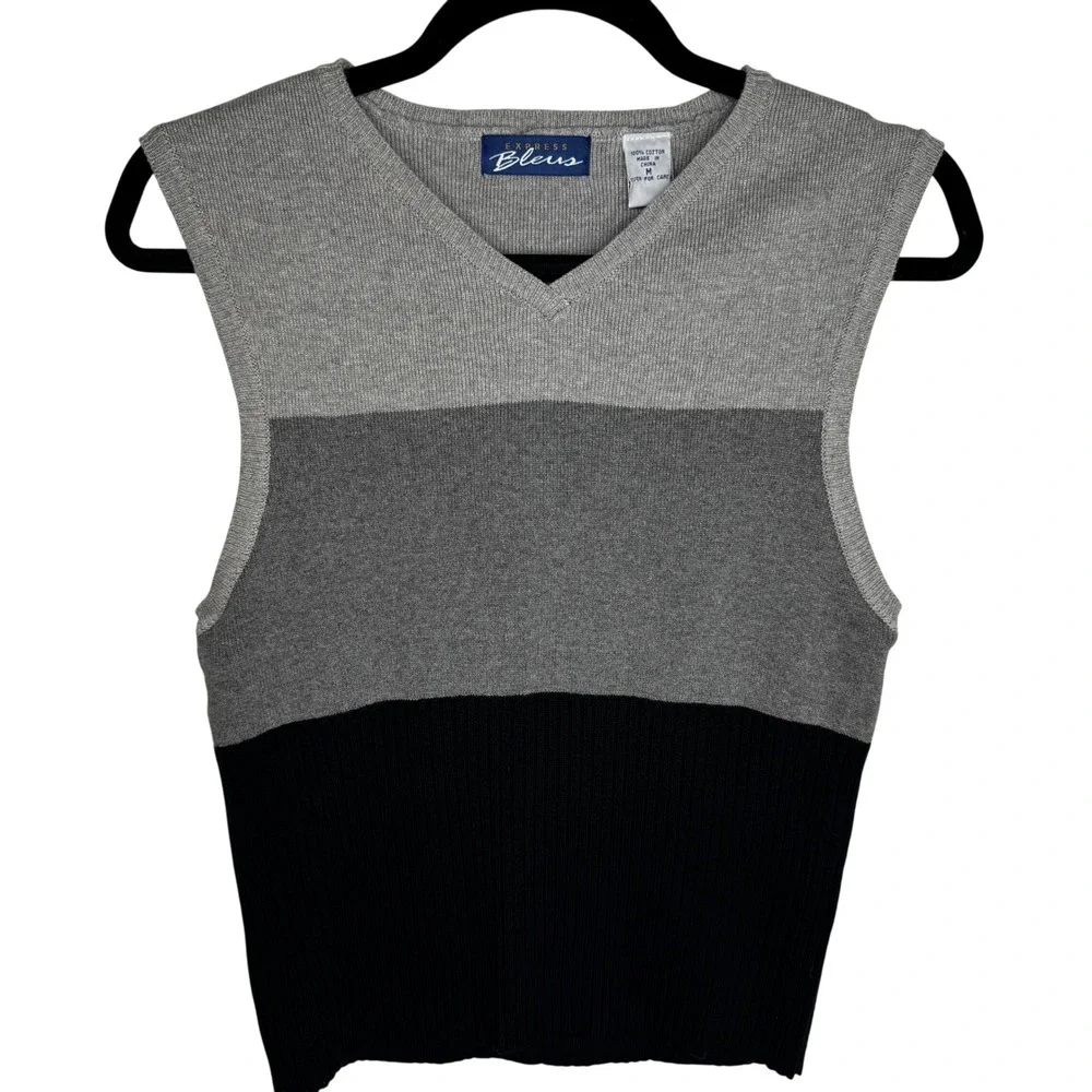 Vintage Y2K Preppy Twee Striped Sweater Vest Express Bleus Sz Med Black and Grey
